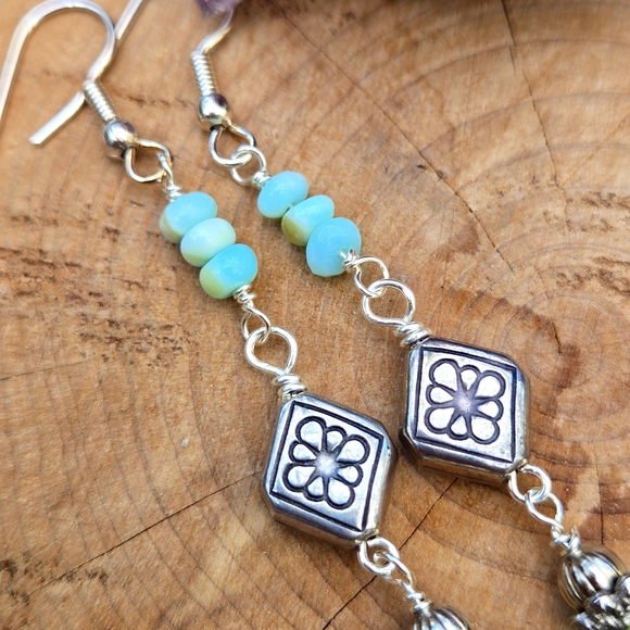 Opal, Turquoise Silver Flower Boho Dangle Earrings Linear Fun Summer - Picture 4 of 6